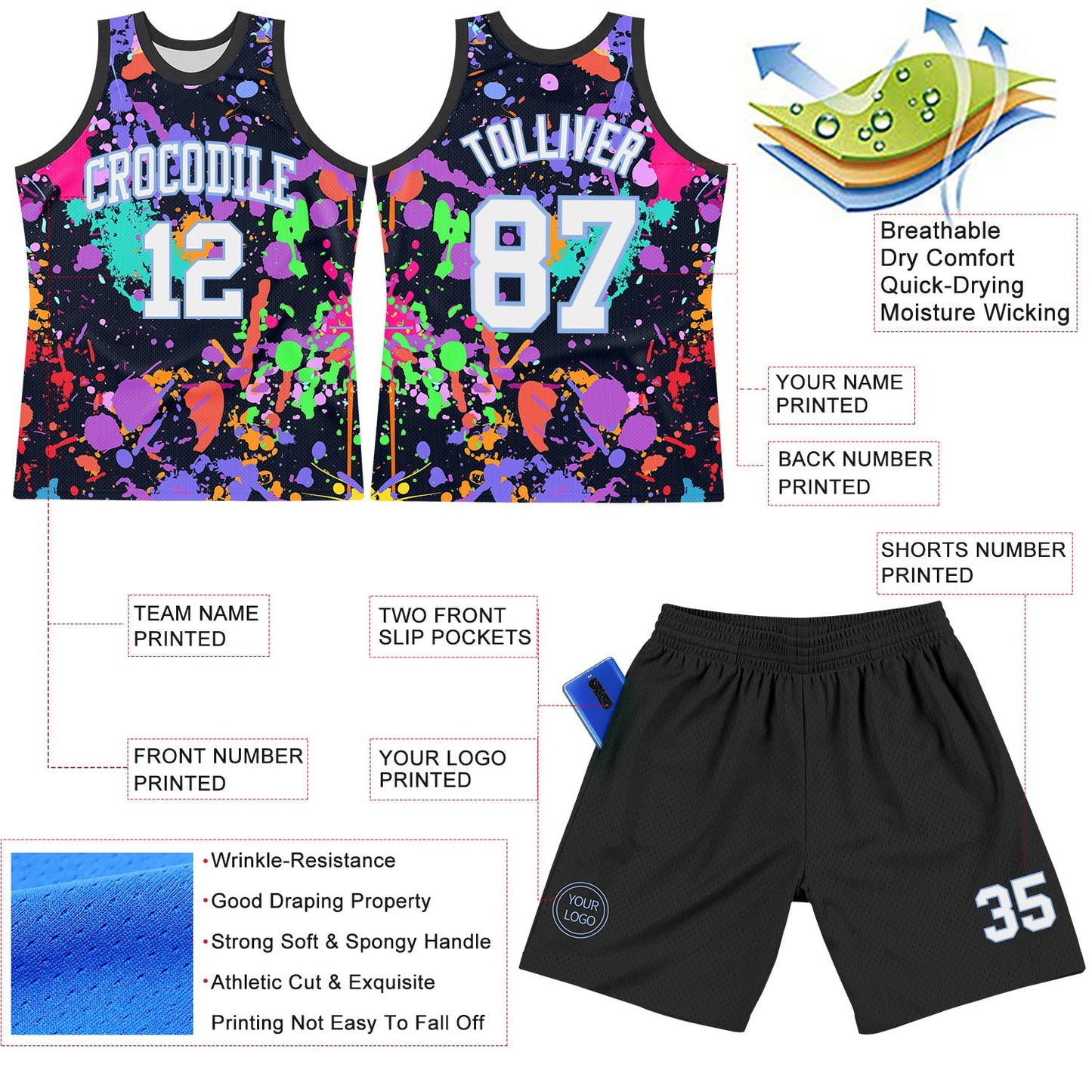 Custom Graffiti Pattern White Light Blue-Black Splash Round Neck Sublimation Basketball Set Jersey