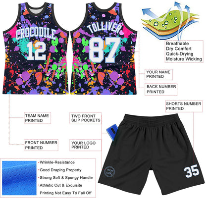 Custom Graffiti Pattern White Light Blue-Black Splash Round Neck Sublimation Basketball Set Jersey