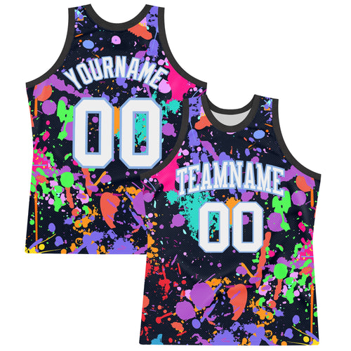 Custom Graffiti Pattern White Light Blue-Black Splash Round Neck Sublimation Basketball Set Jersey