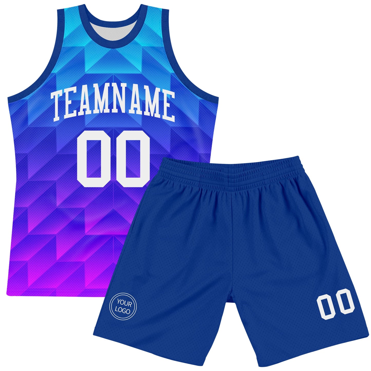 Custom Royal White-Hot Pink Gradient Geometric Shape Round Neck Sublimation Basketball Set Jersey