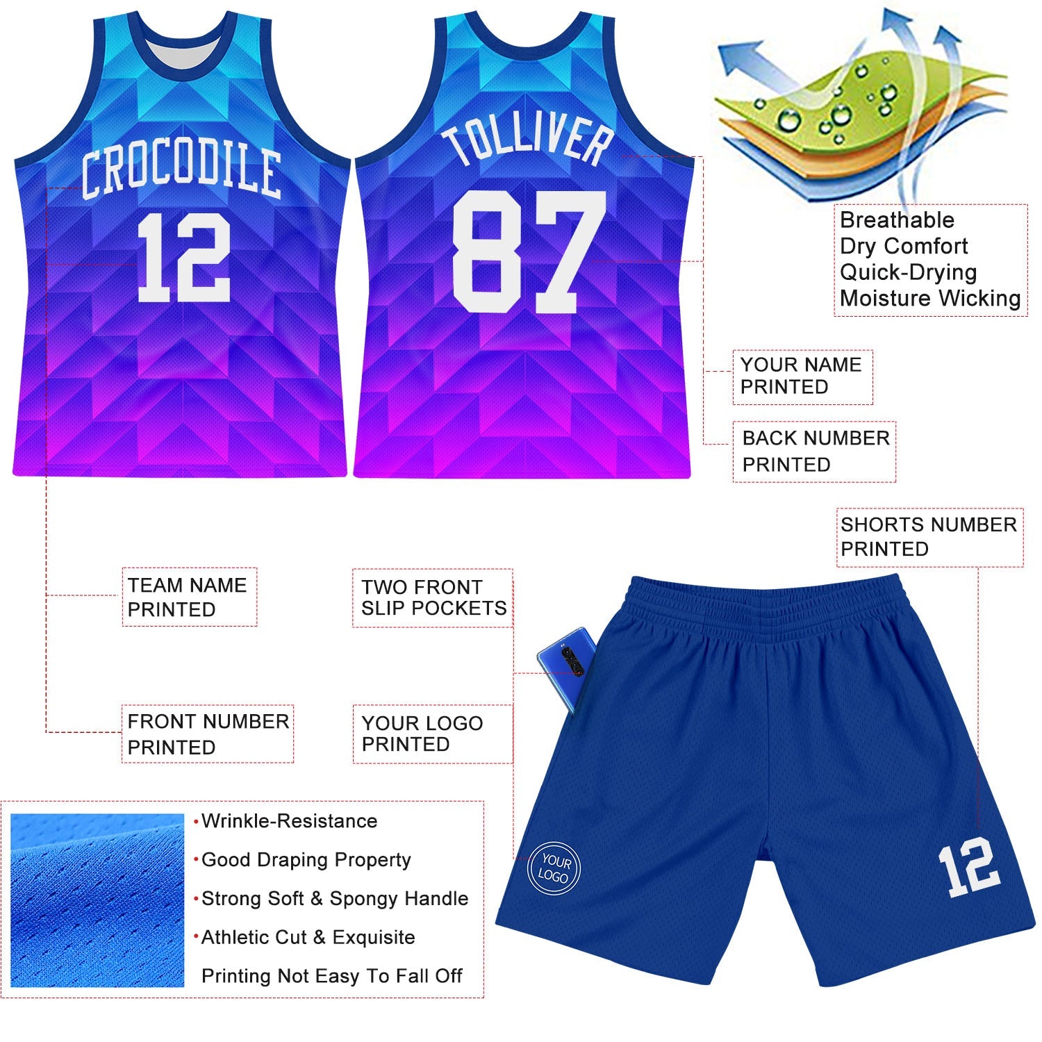 Custom Royal White-Hot Pink Gradient Geometric Shape Round Neck Sublimation Basketball Set Jersey