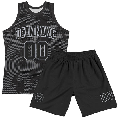 Custom Black Gray Curve Lines Round Neck Sublimation Basketball Set Jersey