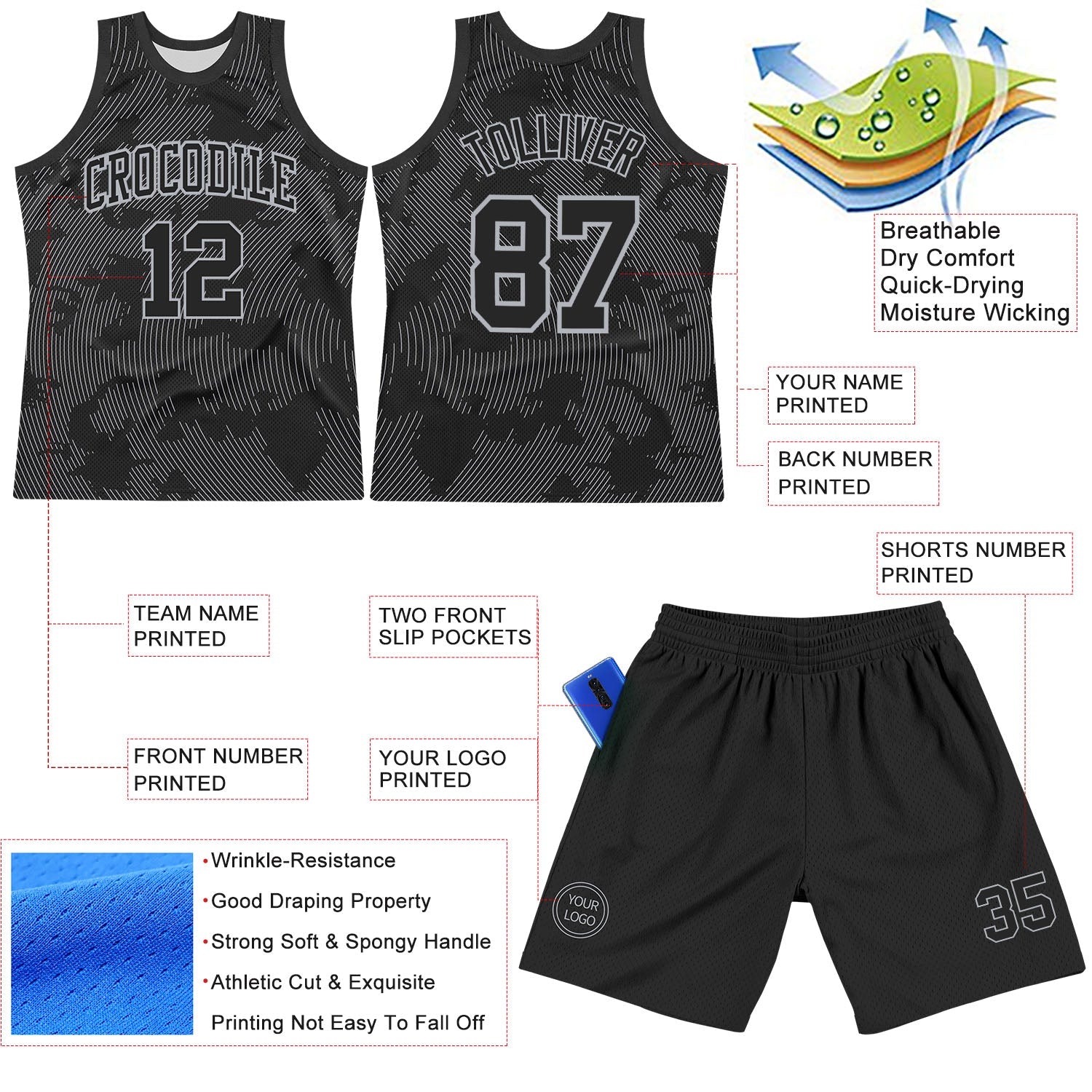 Custom Black Gray Curve Lines Round Neck Sublimation Basketball Set Jersey
