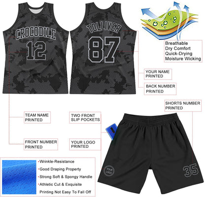 Custom Black Gray Curve Lines Round Neck Sublimation Basketball Set Jersey