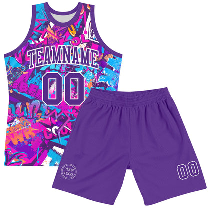 Custom Graffiti Pattern Purple-White Splash Round Neck Sublimation Basketball Set Jersey