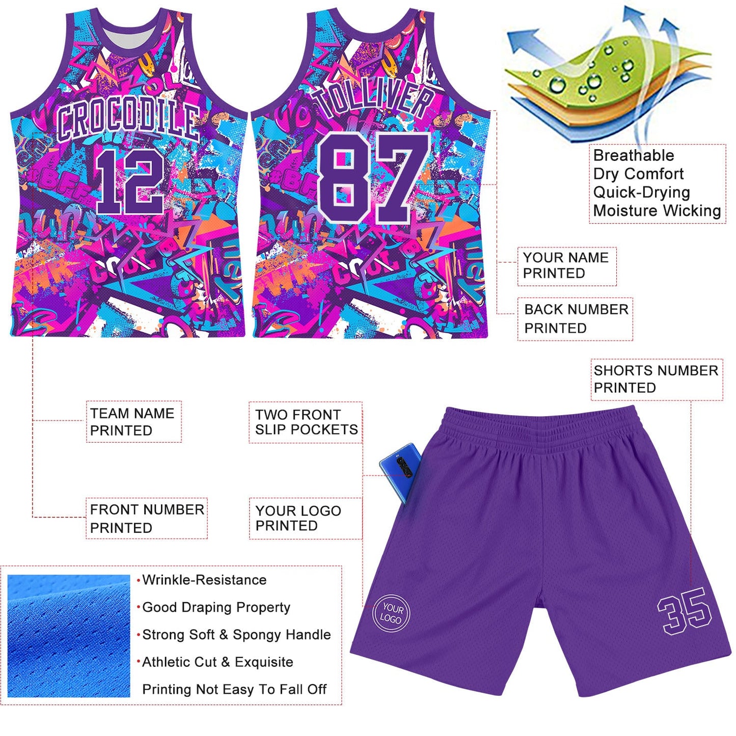 Custom Graffiti Pattern Purple-White Splash Round Neck Sublimation Basketball Set Jersey