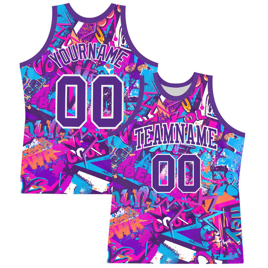 Custom Graffiti Pattern Purple-White Splash Round Neck Sublimation Basketball Set Jersey