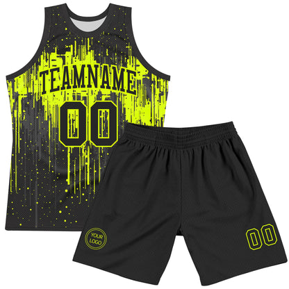 Custom Black Neon Green Dripping Splatter Art Round Neck Sublimation Basketball Set Jersey