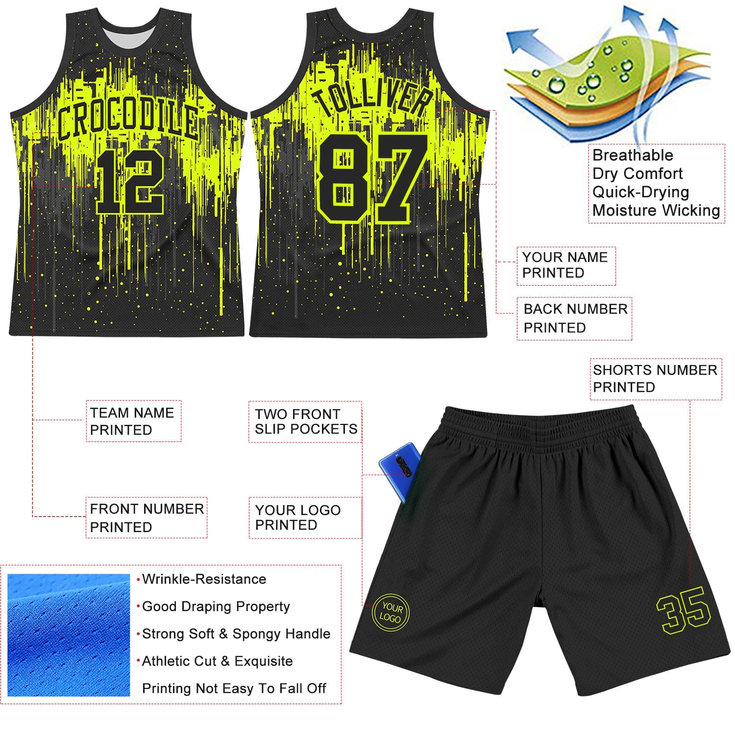 Custom Black Neon Green Dripping Splatter Art Round Neck Sublimation Basketball Set Jersey