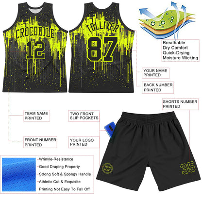 Custom Black Neon Green Dripping Splatter Art Round Neck Sublimation Basketball Set Jersey