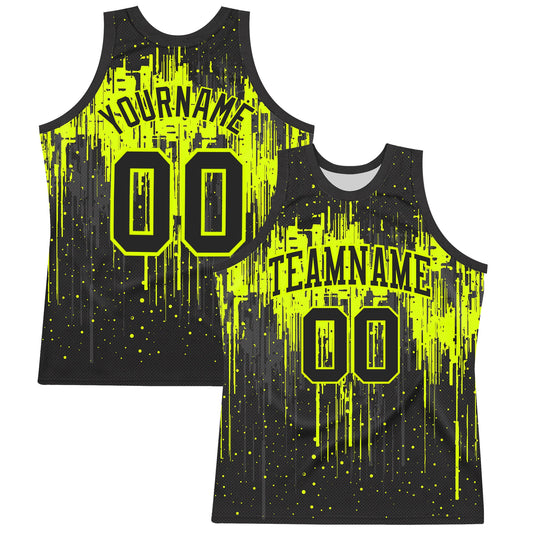 Custom Black Neon Green Dripping Splatter Art Round Neck Sublimation Basketball Set Jersey