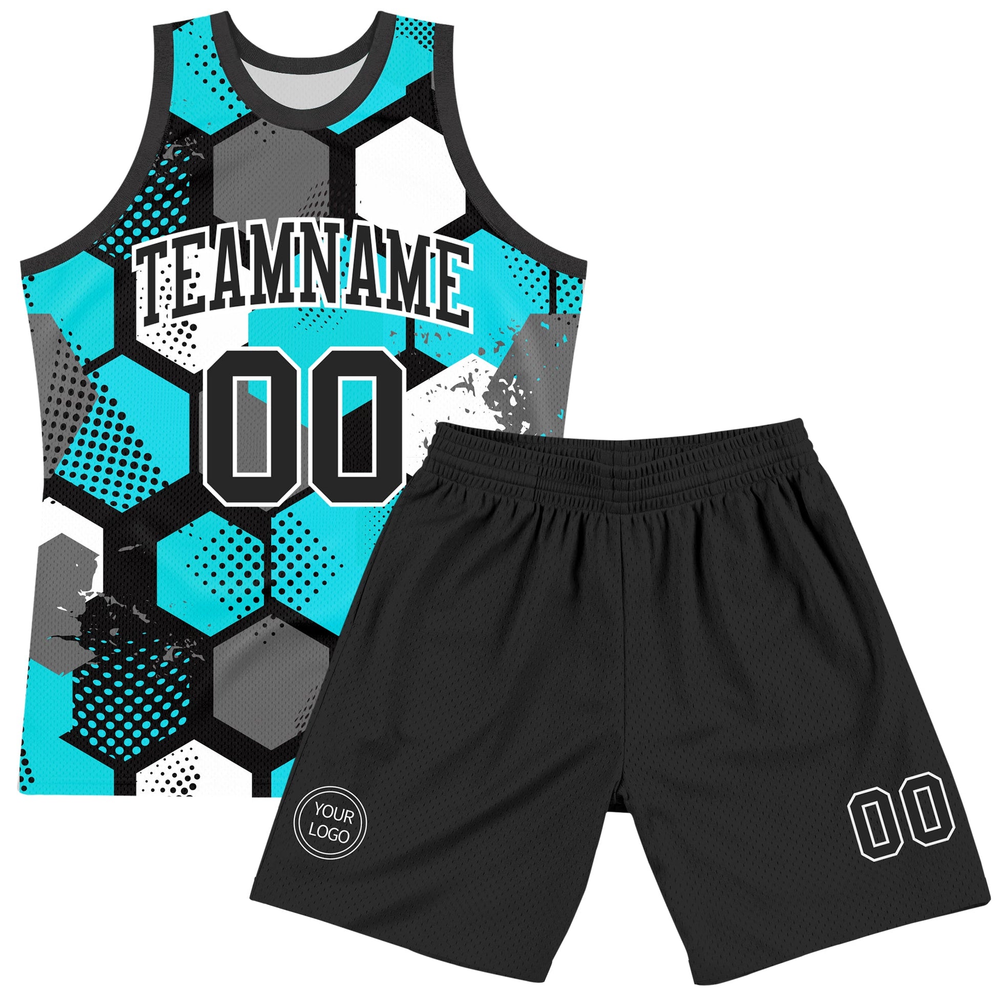 Custom Aqua Black-White Geometric Shape Round Neck Sublimation Basketball Set Jersey