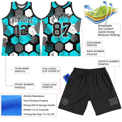 Custom Aqua Black-White Geometric Shape Round Neck Sublimation Basketball Set Jersey