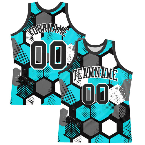 Custom Aqua Black-White Geometric Shape Round Neck Sublimation Basketball Set Jersey