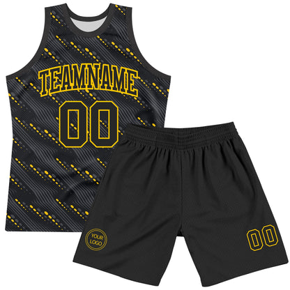 Custom Black Yellow Slant Lines Round Neck Sublimation Basketball Set Jersey
