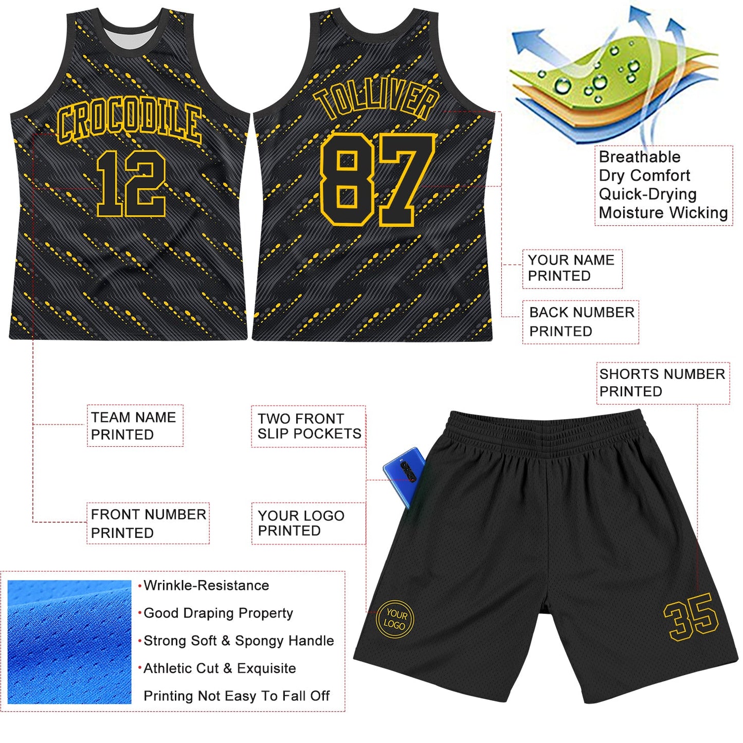 Custom Black Yellow Slant Lines Round Neck Sublimation Basketball Set Jersey