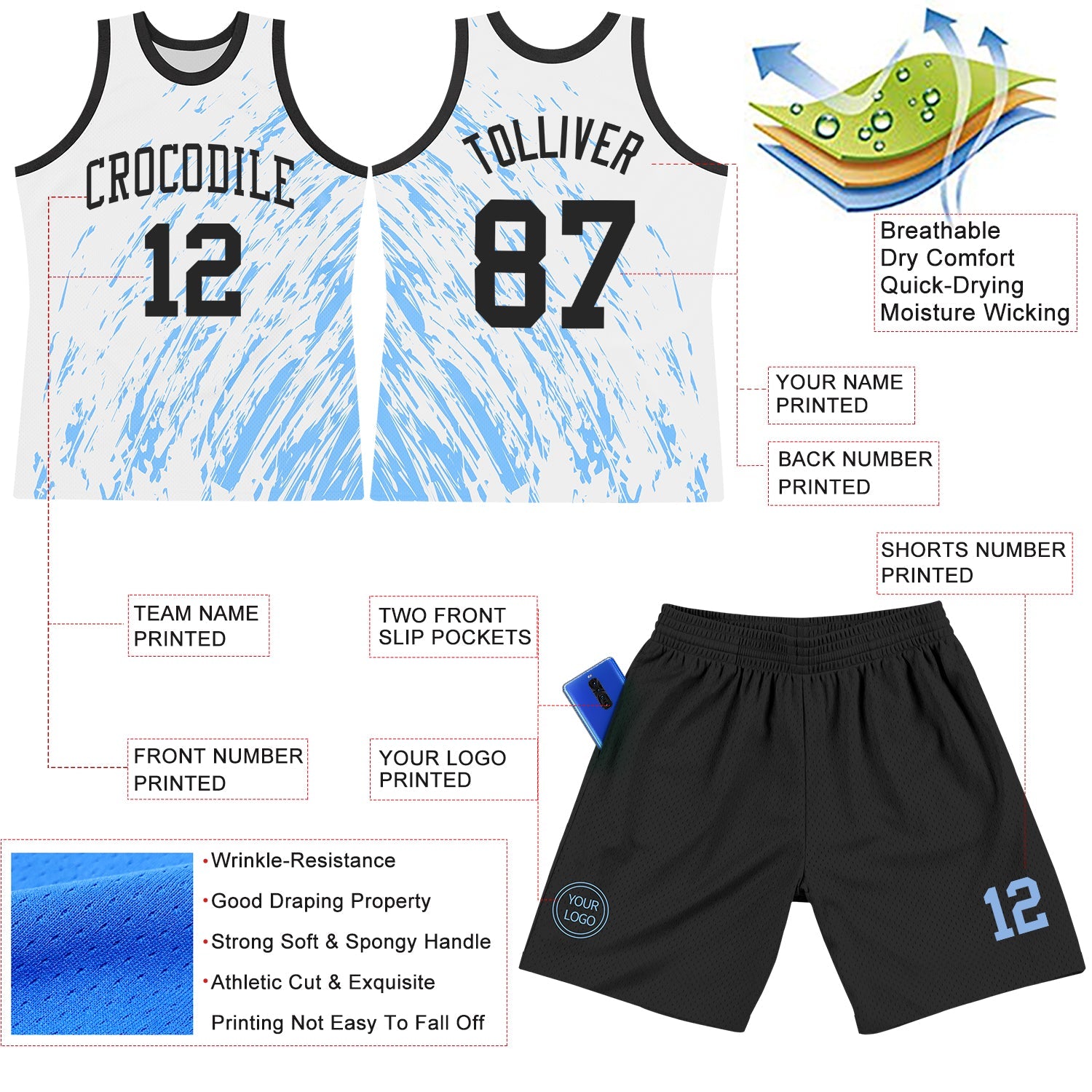 Custom White Black-Light Blue Splash Round Neck Sublimation Basketball Set Jersey