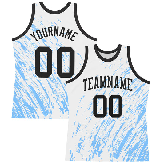 Custom White Black-Light Blue Splash Round Neck Sublimation Basketball Set Jersey