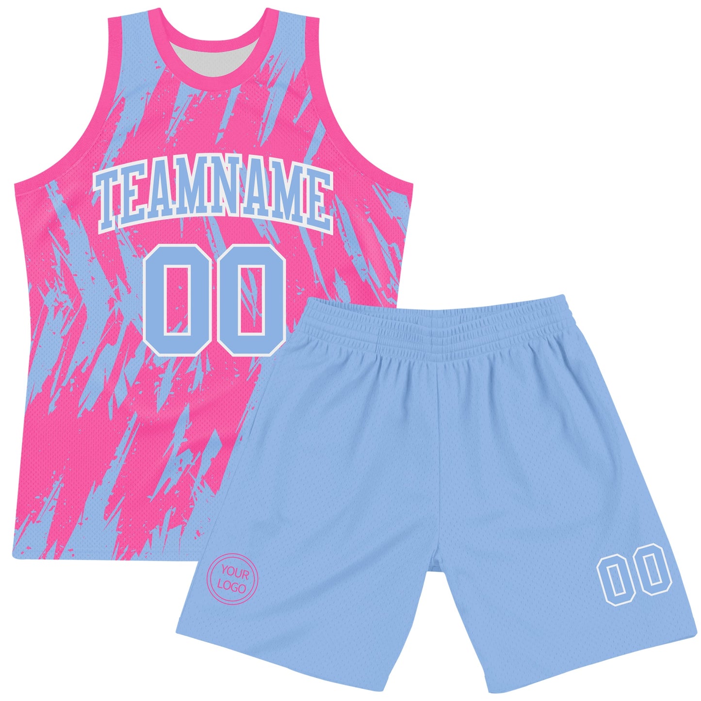 Custom Pink Light Blue-White Abstract Sharp Shape Fragment Art Round Neck Sublimation Basketball Set Jersey