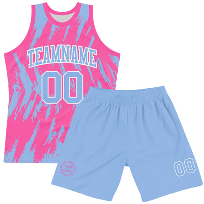Custom Pink Light Blue-White Abstract Sharp Shape Fragment Art Round Neck Sublimation Basketball Set Jersey