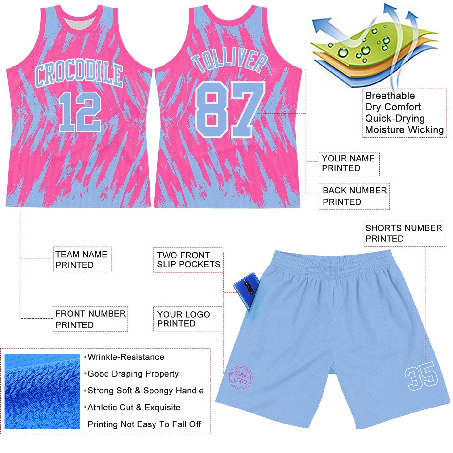 Custom Pink Light Blue-White Abstract Sharp Shape Fragment Art Round Neck Sublimation Basketball Set Jersey