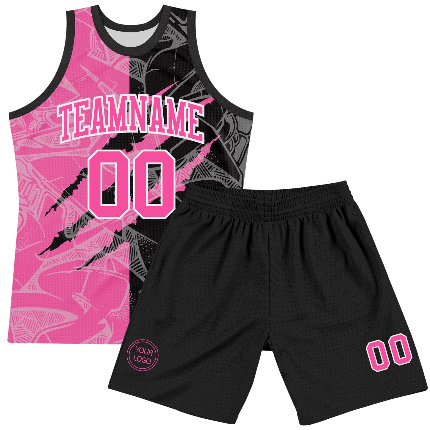 Custom Graffiti Pattern Pink Black-White Scratch Round Neck Sublimation Basketball Set Jersey