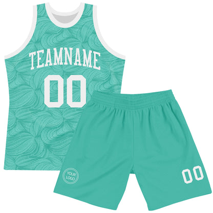 Custom Aqua White Fluid Art Round Neck Sublimation Basketball Set Jersey