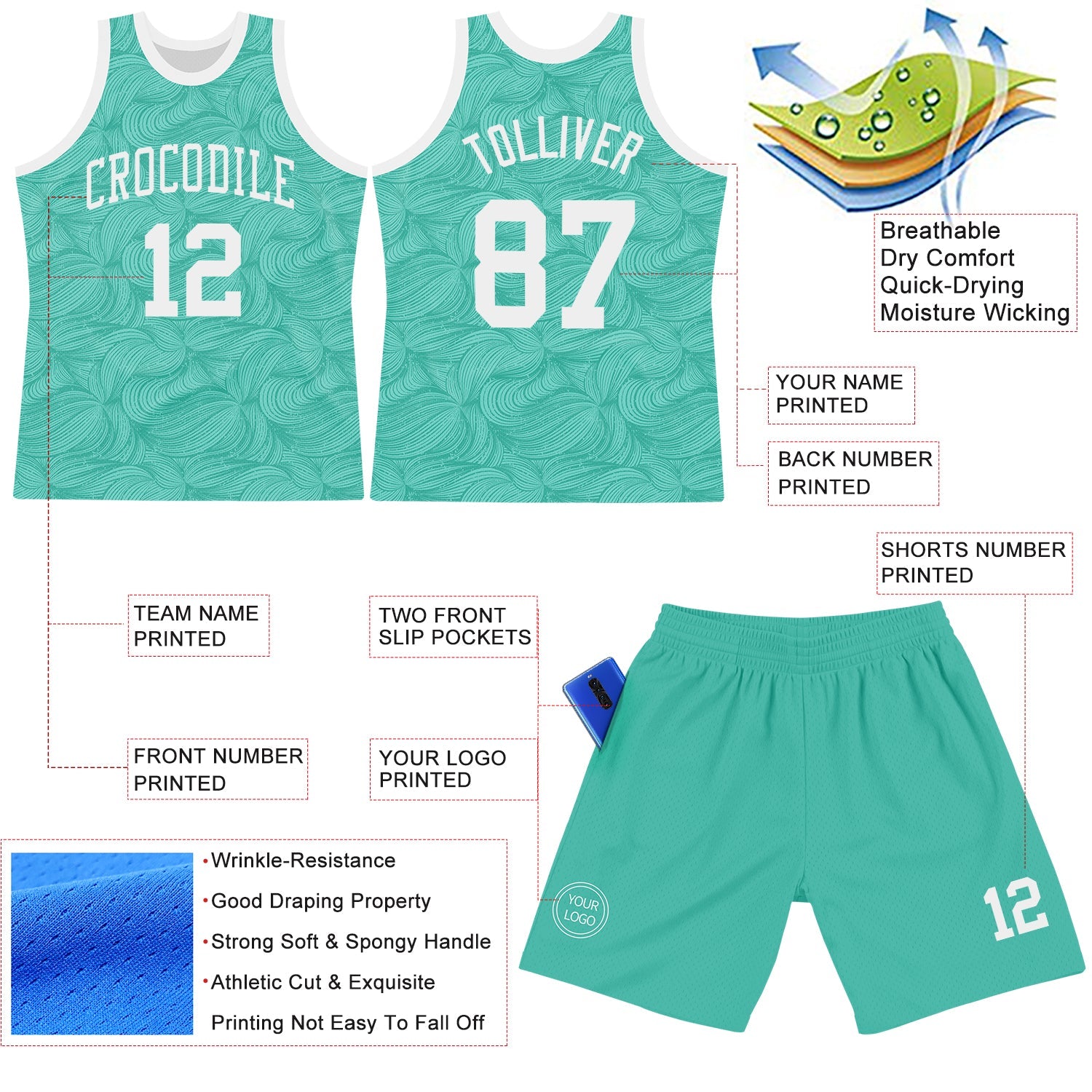 Custom Aqua White Fluid Art Round Neck Sublimation Basketball Set Jersey