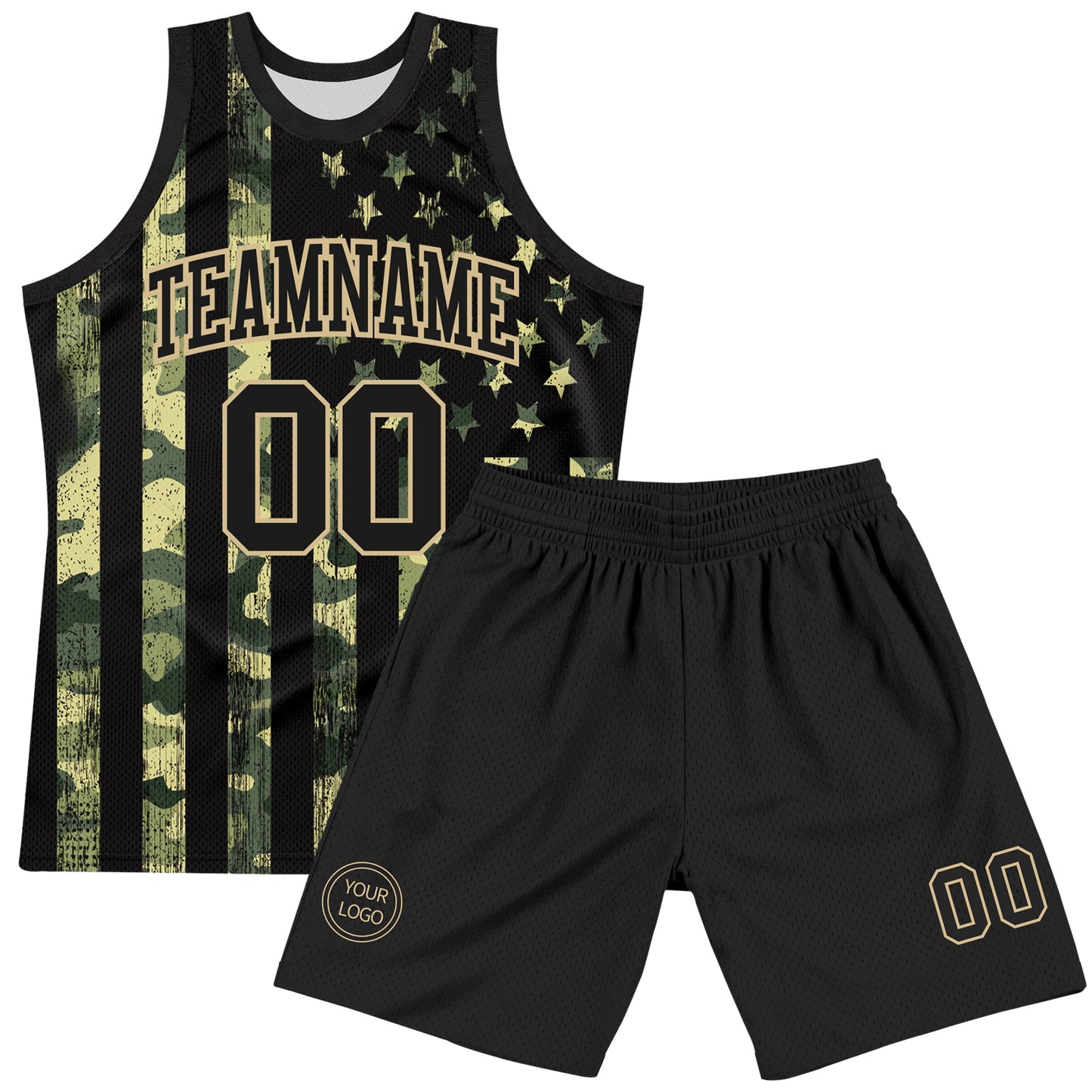 Custom Camo Black-Vegas Gold American Flag Round Neck Sublimation Salute To Service Basketball Set Jersey