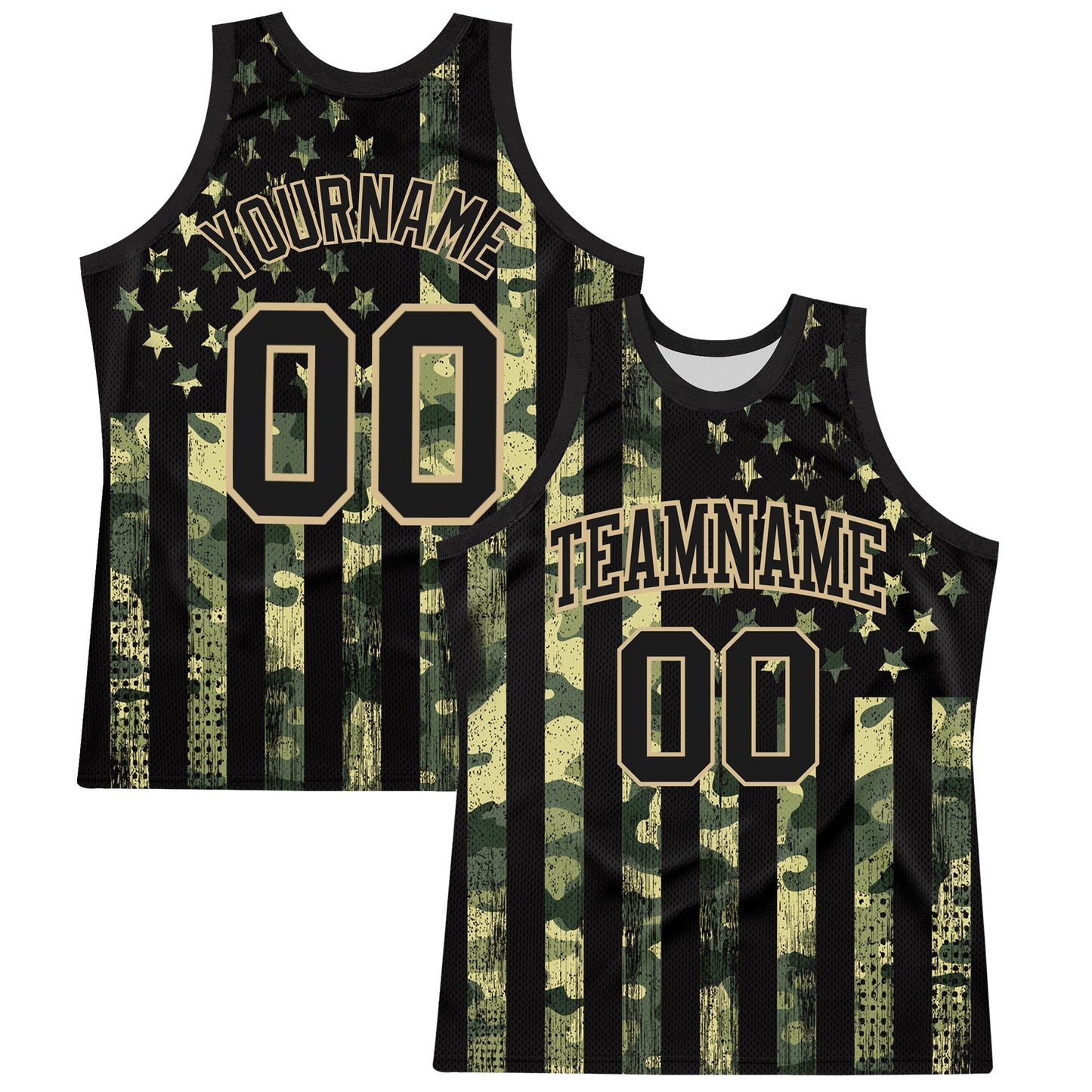 Custom Camo Black-Vegas Gold American Flag Round Neck Sublimation Salute To Service Basketball Set Jersey