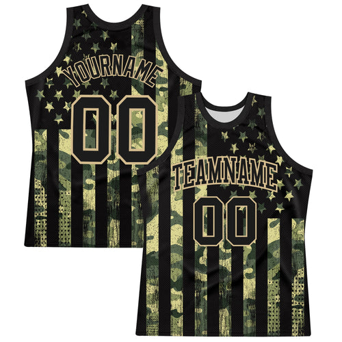 Custom Camo Black-Vegas Gold American Flag Round Neck Sublimation Salute To Service Basketball Set Jersey
