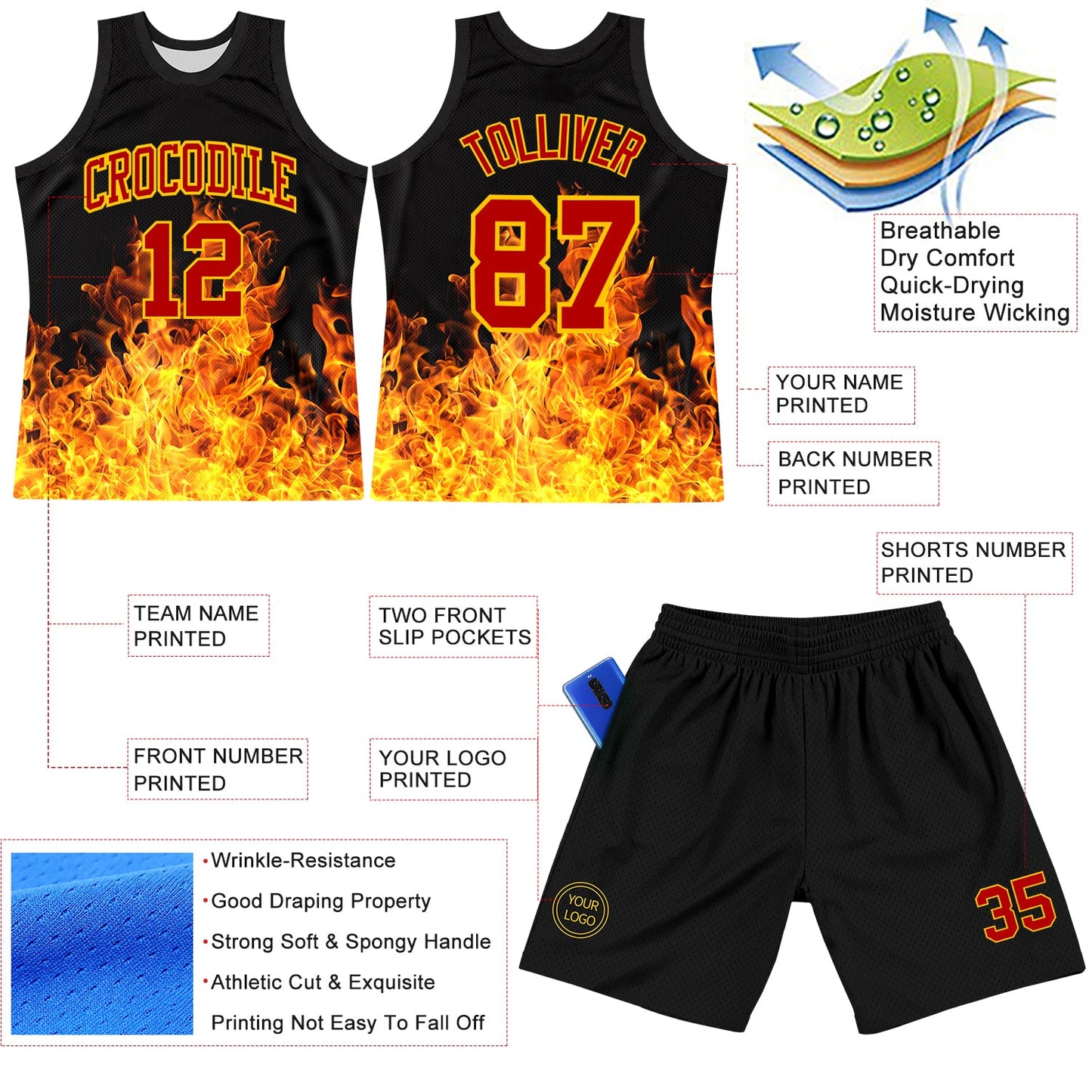Custom Black Red-Yellow Flame Round Neck Sublimation Basketball Set Jersey