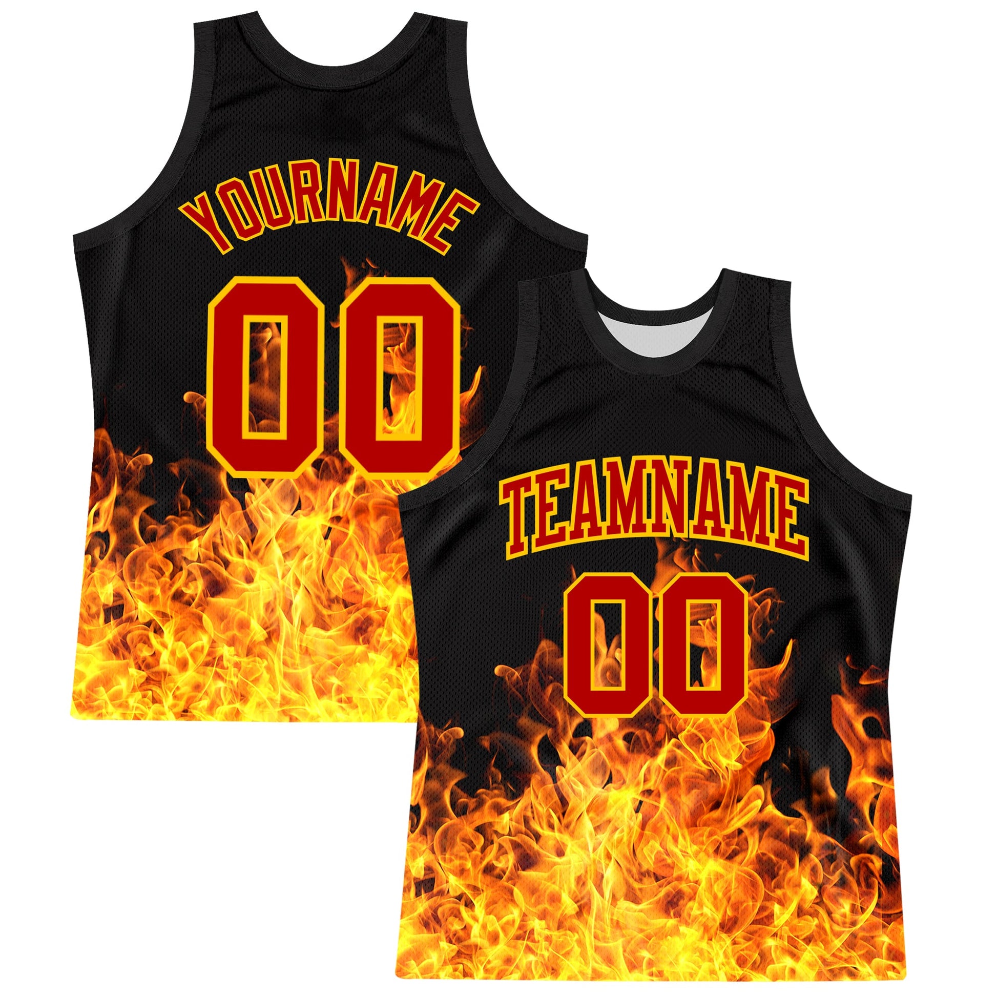 Custom Black Red-Yellow Flame Round Neck Sublimation Basketball Set Jersey