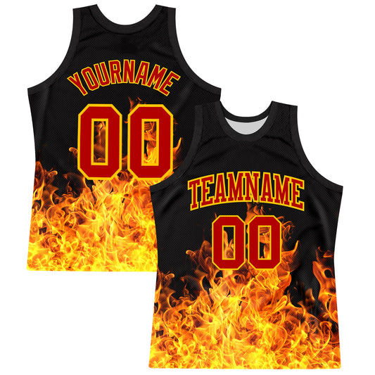 Custom Black Red-Yellow Flame Round Neck Sublimation Basketball Set Jersey