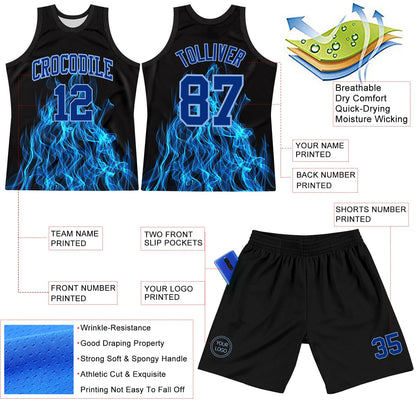 Custom Black Royal-Light Blue Flame Round Neck Sublimation Basketball Set Jersey