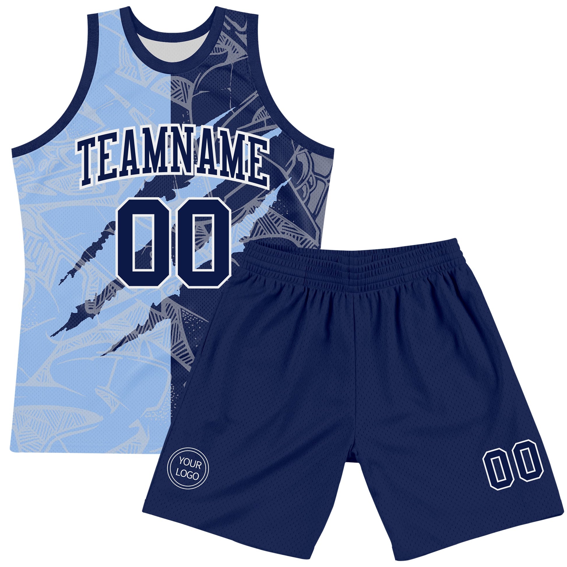 Custom Graffiti Pattern Navy Light Blue-White Scratch Round Neck Sublimation Basketball Set Jersey