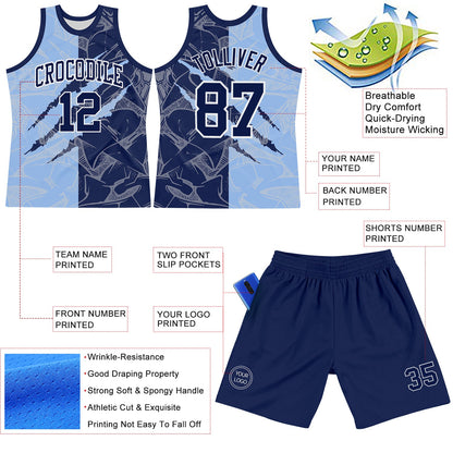 Custom Graffiti Pattern Navy Light Blue-White Scratch Round Neck Sublimation Basketball Set Jersey