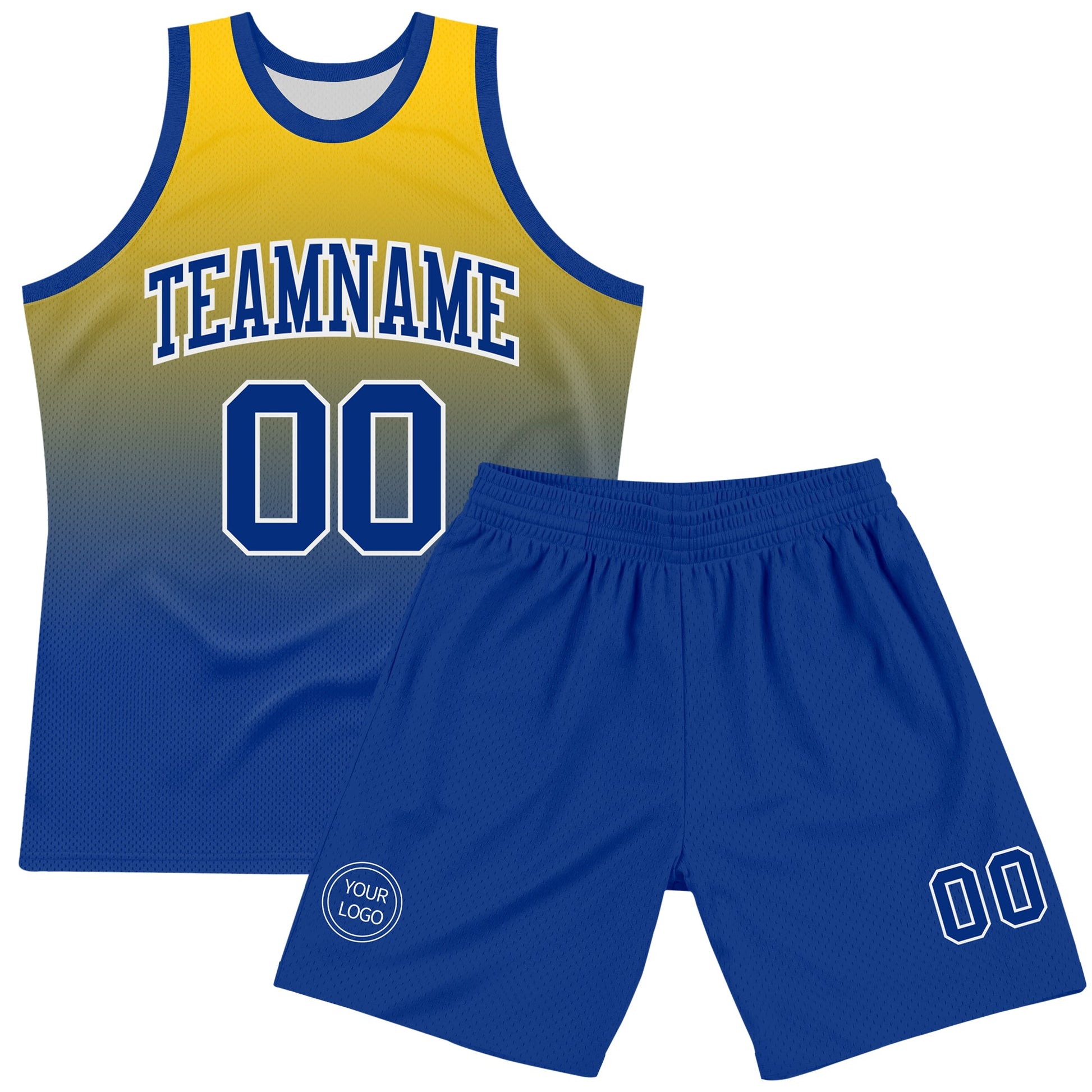 Custom Yellow Royal-White Fade Fashion Round Neck Sublimation Basketball Set Jersey