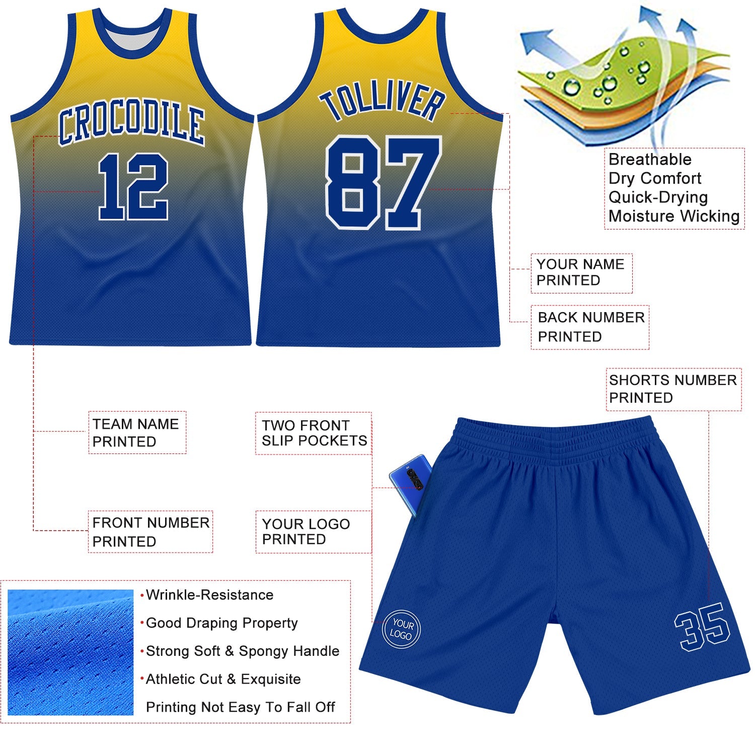 Custom Yellow Royal-White Fade Fashion Round Neck Sublimation Basketball Set Jersey