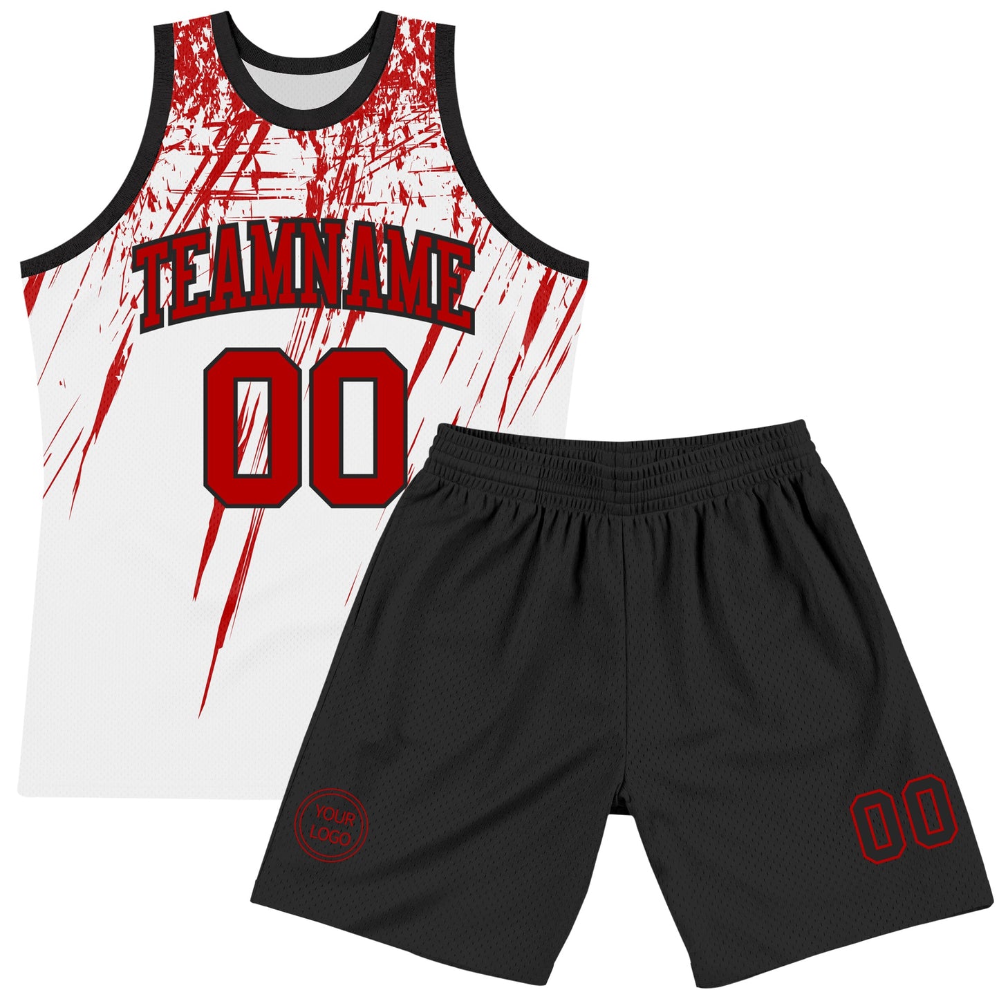 Custom White Red-Black Splash Round Neck Sublimation Basketball Set Jersey