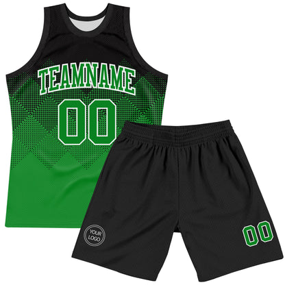Custom Black Grass Green-White Gradient Square Shapes Round Neck Sublimation Basketball Set Jersey
