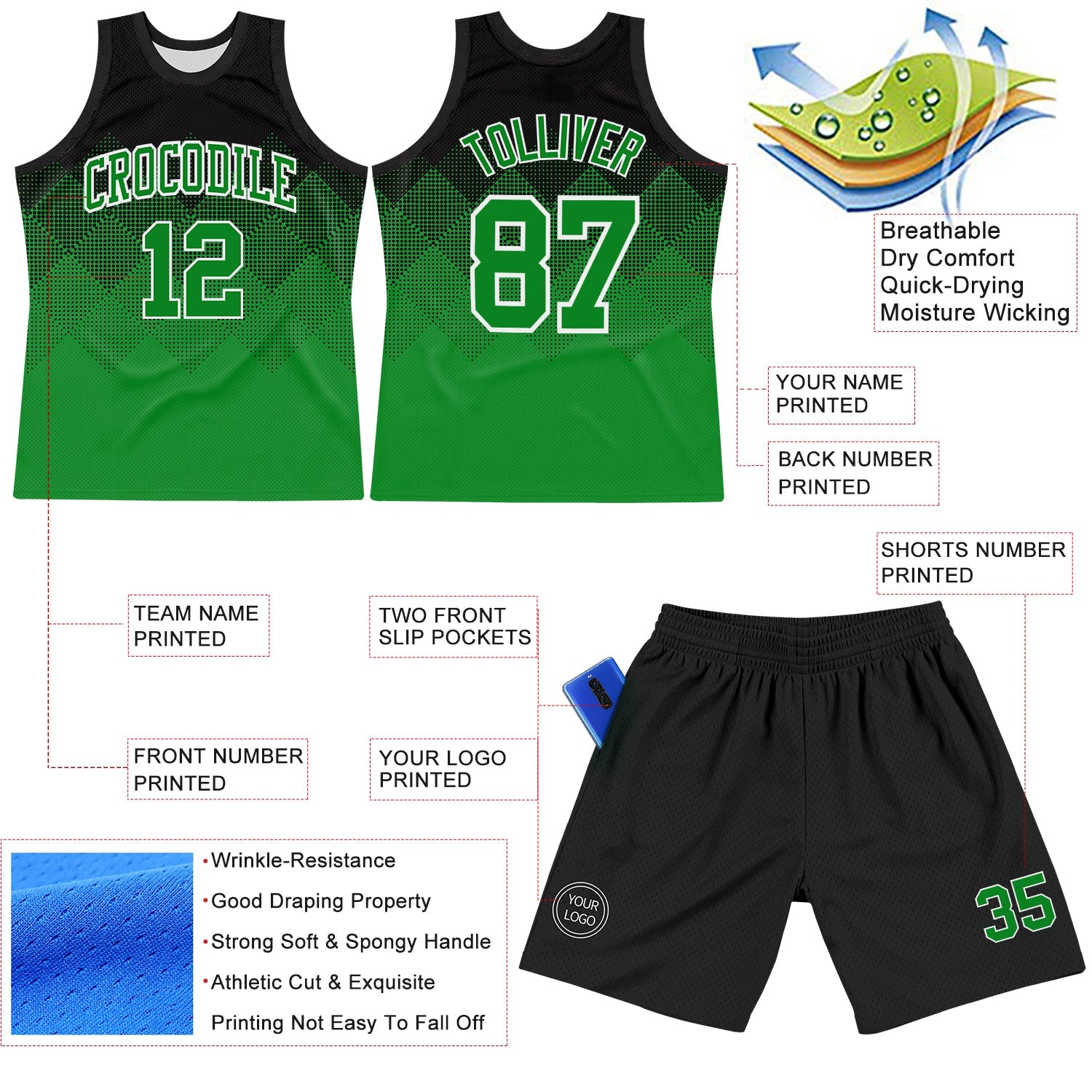 Custom Black Grass Green-White Gradient Square Shapes Round Neck Sublimation Basketball Set Jersey