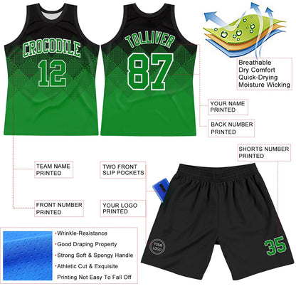 Custom Black Grass Green-White Gradient Square Shapes Round Neck Sublimation Basketball Set Jersey
