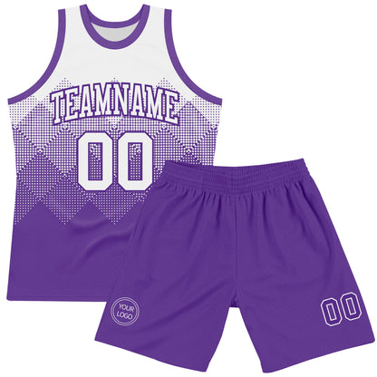 Custom White Purple Gradient Square Shapes Round Neck Sublimation Basketball Set Jersey