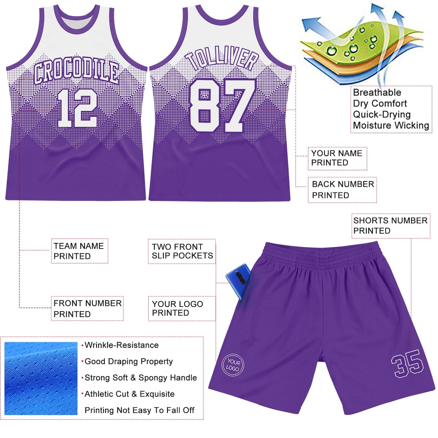 Custom White Purple Gradient Square Shapes Round Neck Sublimation Basketball Set Jersey