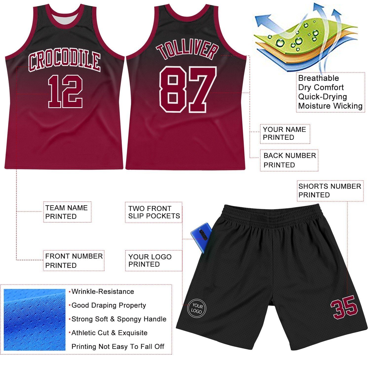 Custom Black Crimson-White Fade Fashion Round Neck Sublimation Basketball Set Jersey