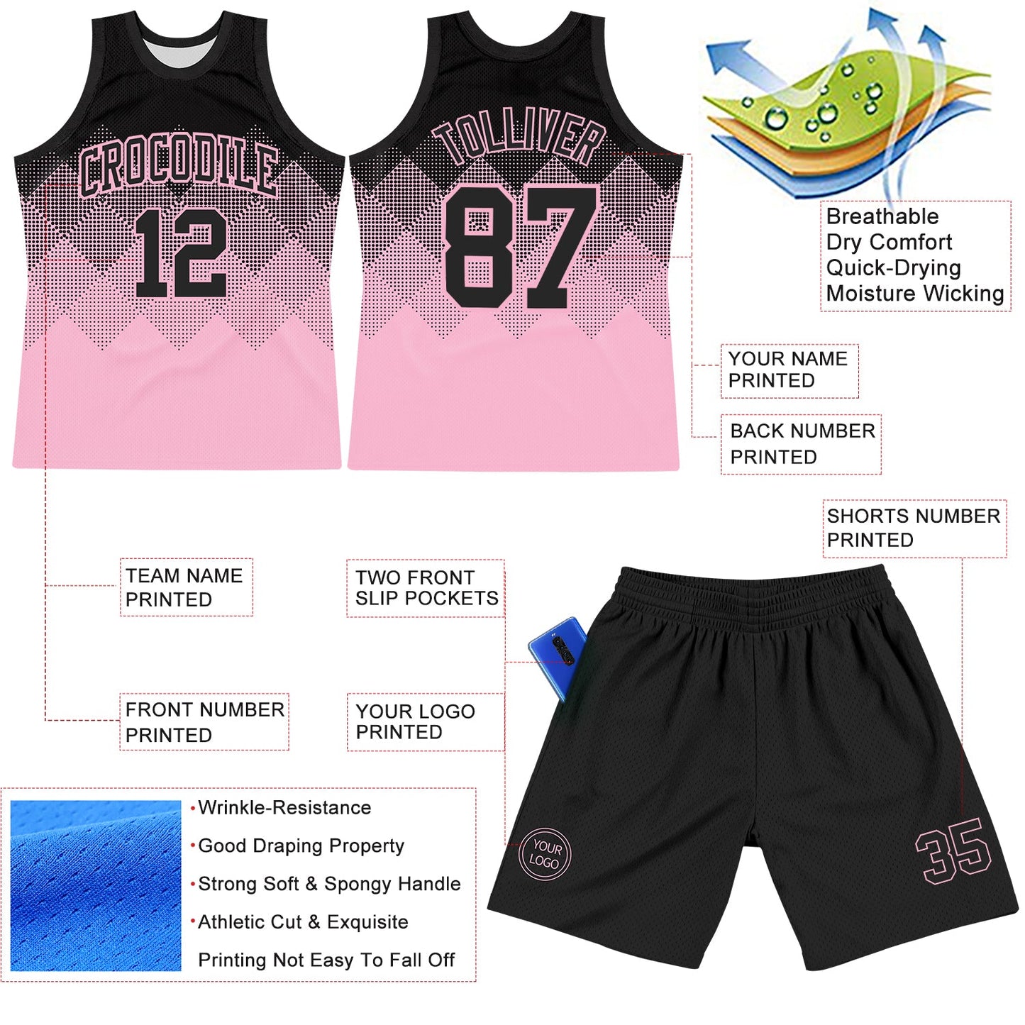 Custom Black Light Pink Gradient Square Shapes Round Neck Sublimation Basketball Set Jersey