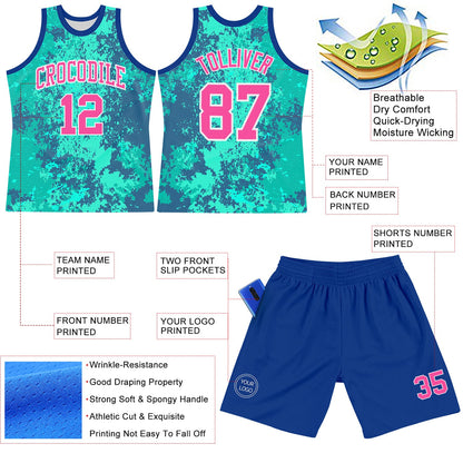 Custom Teal Pink Royal-White Splash Round Neck Sublimation Basketball Set Jersey