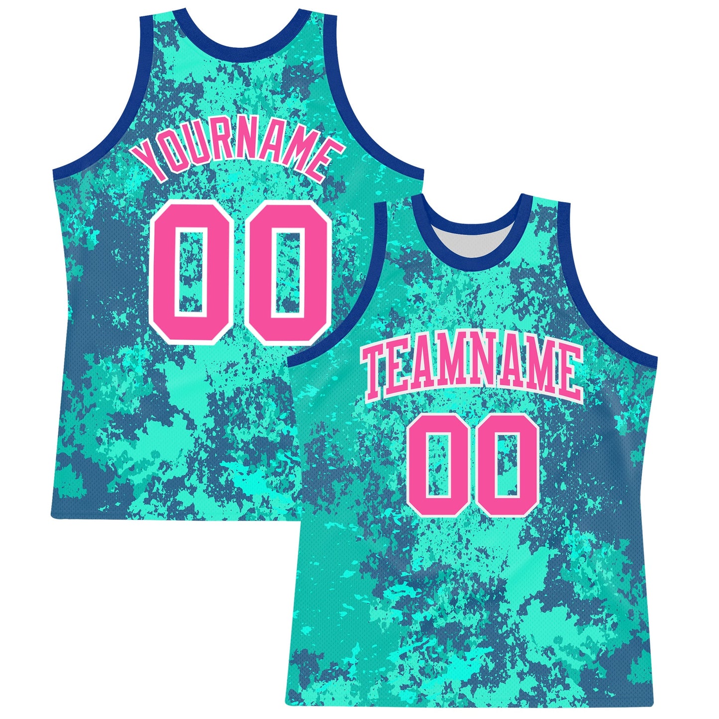 Custom Teal Pink Royal-White Splash Round Neck Sublimation Basketball Set Jersey