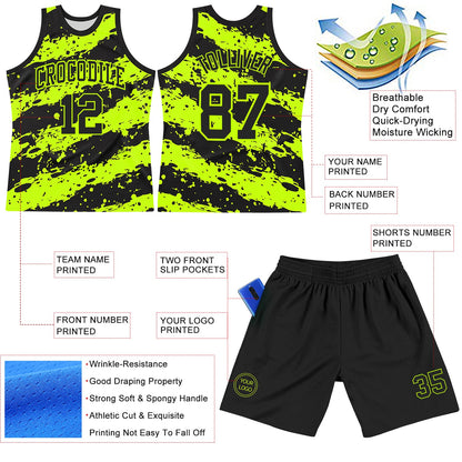 Custom Black Neon Green Splash Round Neck Sublimation Basketball Set Jersey
